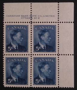 Canada 293 Plate Block UR Plate No. 2 VF MNH