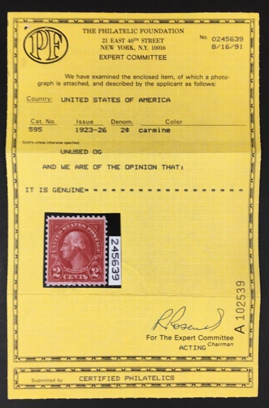 MOMEN: US STAMPS #595 MINT OG VVLH VF/XF PF CERT LOT #93323