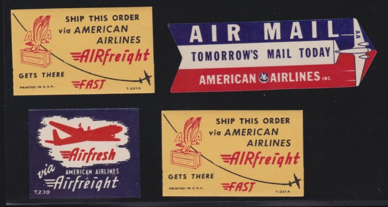 US Vintage 4 American Airlines Airmail & Airfresh Cinderella Stamps OG NH L252