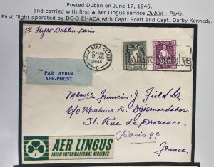 1946 Dublin Ireland First flight Cover to Paris France Aer Lingus label FFC