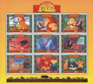 Uganda Lion King Characters Disney Souvenir Sheet of 9 Stamps MNH