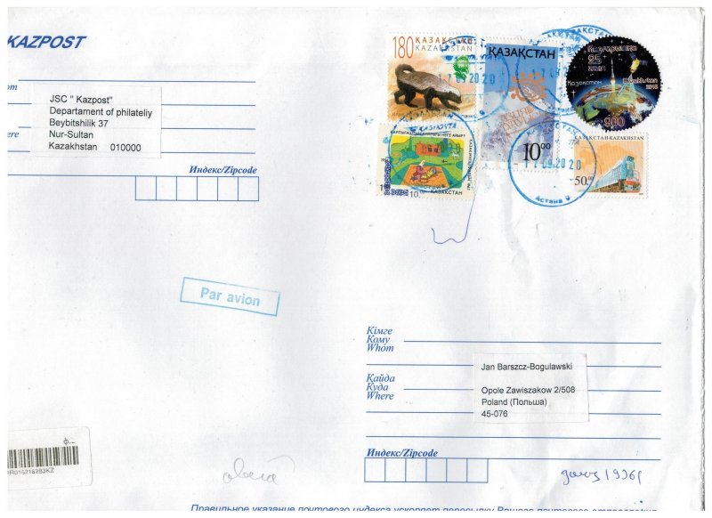 Kazakhstan 2020 Registered Cover to Poland Stamps Space Satellite Animals Train