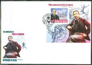 NIGER 2013 150th BIRTH ANNIVERSARY OF PIERRE de COUBERTIN OLYMPIC S/S  FDC