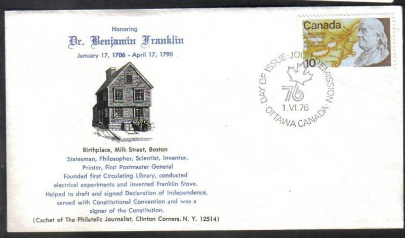 CANADA 1976 FAMOUS PERSON - Dr BENJAMIN FRANKLIN  HIS BIRTH PLACE SPECIAL COV...