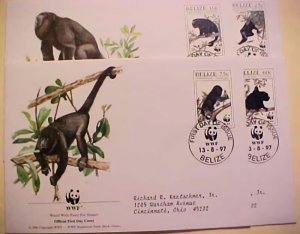 BELIZE MONKEYS FDC 4 DIFF 1997