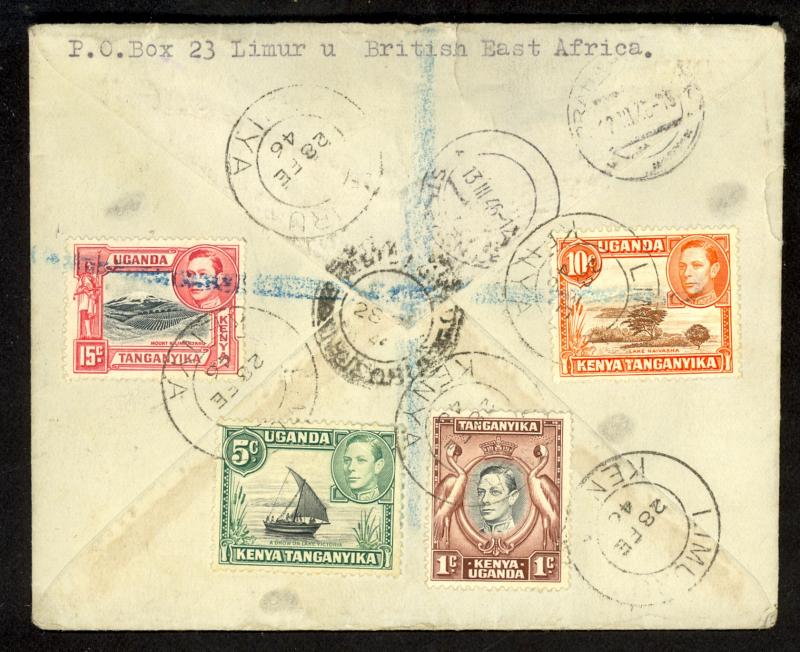 KUT KENYA 1946 KGVI Reg Flown 9 Stamp Multi Frkd Cover LIMURU to Czechoslovakia