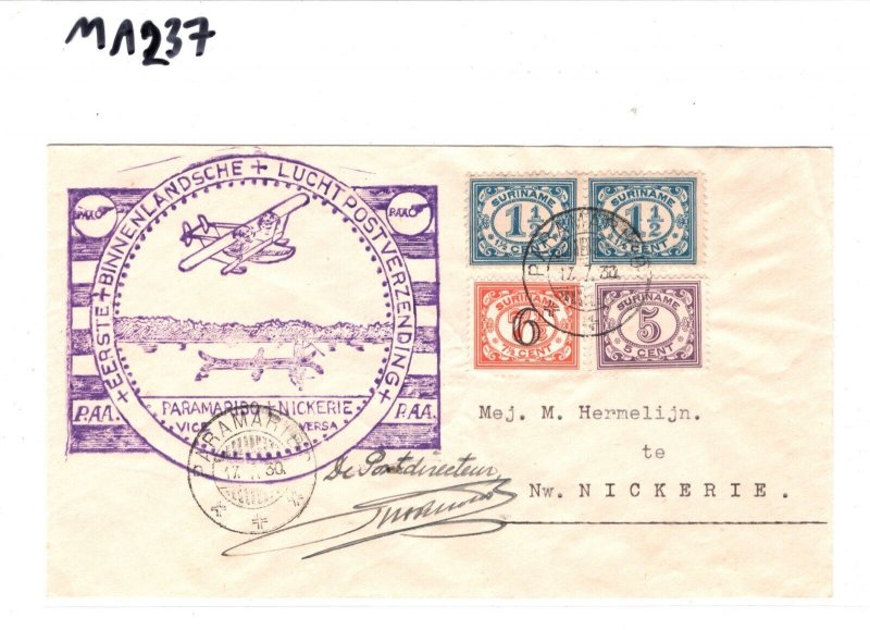 SURINAME Air Mail Cover 1930 FIRST FLIGHT Paramaribo-Nickerie SUPER Cachet MA237