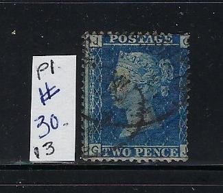 GREAT BRITAIN SCOTT #30 PLATE 13 1858-59 (BLUE) - WMK 20  - USED