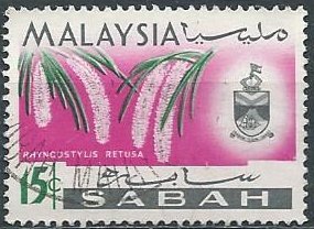 Malaysia: Sabah 22 (used) 15c foxtail orchid (Rhynchostylis retusa) (1965)