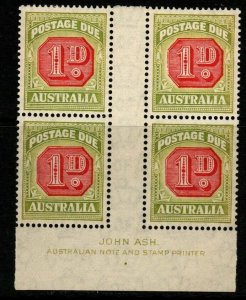 AUSTRALIA SGD113 1938 6d CARMINE & GREEN JOHN ASH IMPRINT BLOCK LIGHT TONING MNH