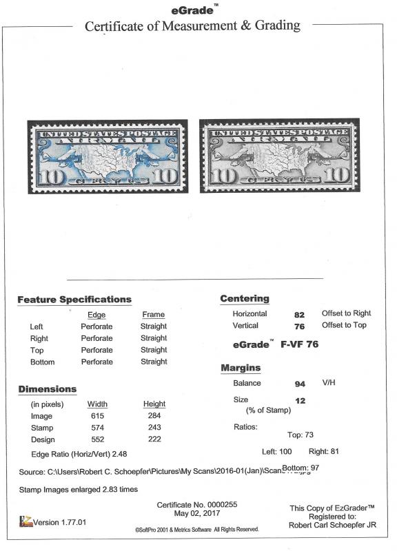 C7 10 cents Map and Mail Stamp mint OG NH EGRADED F-VF 76