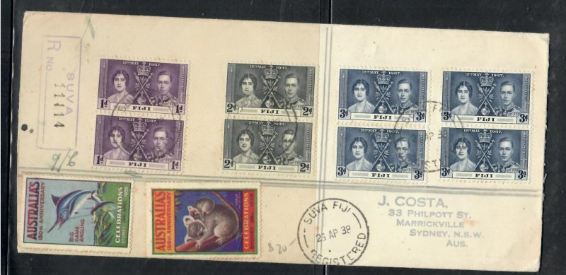 FIJI ISLANDS 1938 KGVI CORONATION SET PRS REG COVER TO AUSTRALIA    PP0716H
