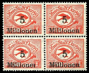 Danzig #C25a (Mi. 180FI) Cat€130+, 1923 5m on 50,000m, upper right stamp in...