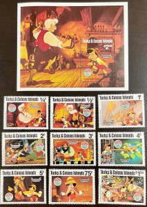 Turks & Caicos Disney Pinocchio Christmas 1980  s/s plus 9 single stamps