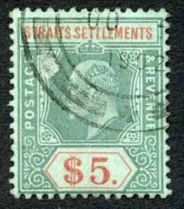 Straits Settlements SG138a 5 dollars Dull green and Brown-orange Chalky Cat 200