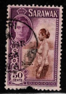 SARAWAK Scott 191 Used 1950 Girl stamp, thin, pulled perf at bottoml