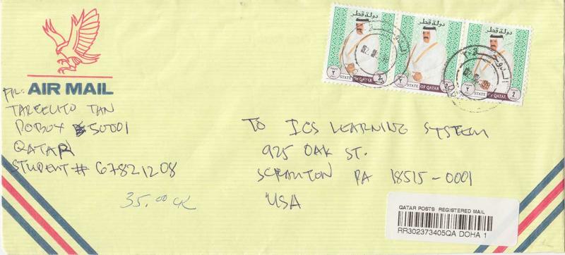 Qatar 2R Sheik Khalifa 1998 Doha Airmail Registered to Scranton, Penn.  LEGAL...