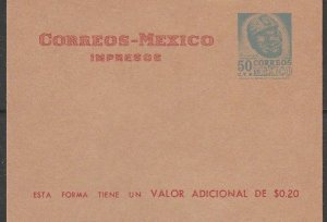 MEXICO 50¢ POSTAL STATIONERY WRAPPER, MINT, NEVER HINGED. (MAILED FOLDED). VF.