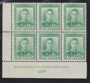 NEW ZEALAND GVI 1d green plate block #109 MNH..............................A6778