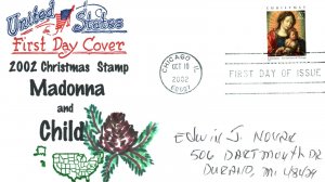 US FIRST DAY COVER 2002 CHRISTMAS STAMP ON MADONNA AND CHILD PRIVATE CACHET