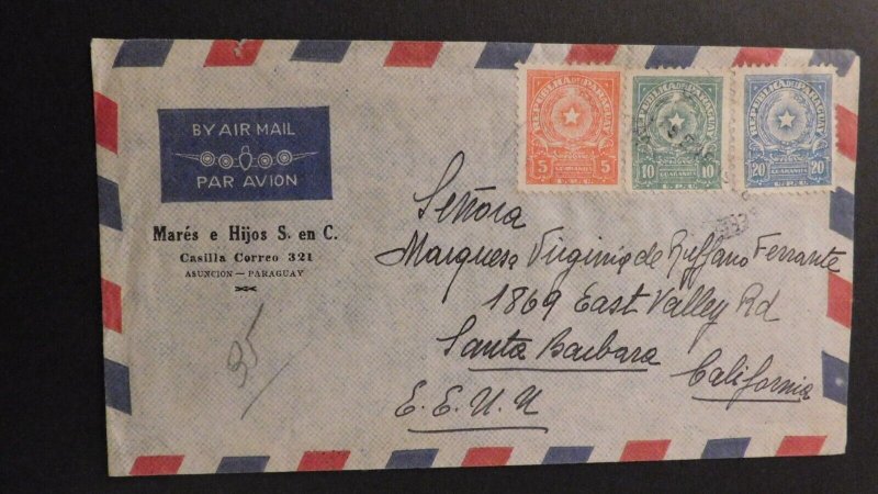 1900s Paraguay Air Mail Cover to Santa Barbara California USA America