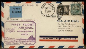 USA 1930 First Flight Cover FAM10 St. Thomas VI  French Guiana Brazil Cove 91014