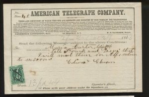 R19b Telegraph Part Perf Revenue on 1863 American Telegraph Co. Telegram P4016