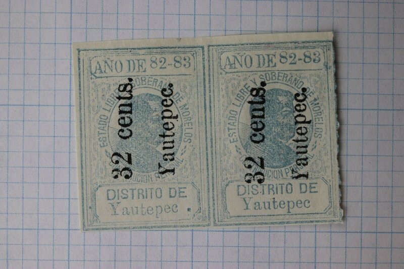 Mexico Morelos 1882 M343 32c surcharged overprint Yautepec pair period / no