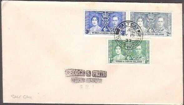 TURKS & CAICOS 1937 Coronation FDC - SALT CAY cds..........................35259