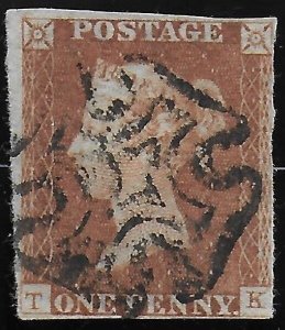 GB Great Britain 1841 QV 1d Red-Brown 'T-K' Scott #3 SG 8 Fine Used CV $24.00-