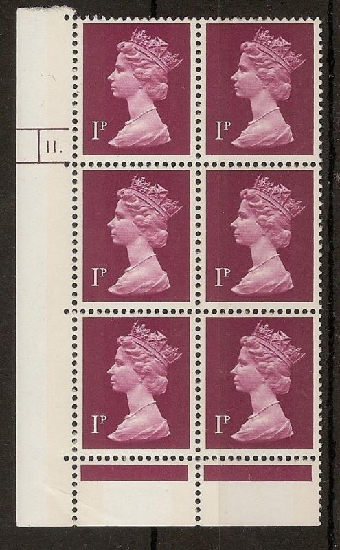 GB Machin 1p Plate Block MNH Cyl 11 dot