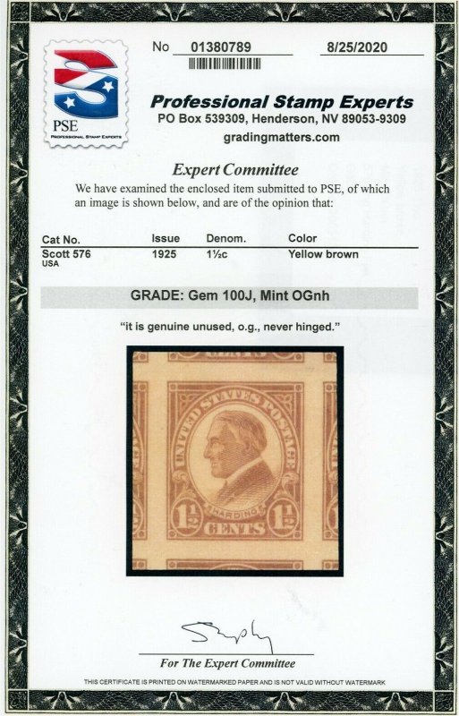 US Stamp #576 Harding, 1-1/2c PSE Cert - Gem 100J - Mint OGNH - SMQ $125.00