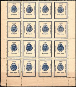 1904 El Salvador Revenue 5 Pesos Sale Of Tobacco Block/16 MNH