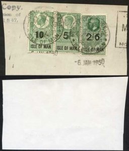 Isle of Man KGV 10/- and 2/6 and KGVI 5/- Key Plate Type Revenues CDS on Piece