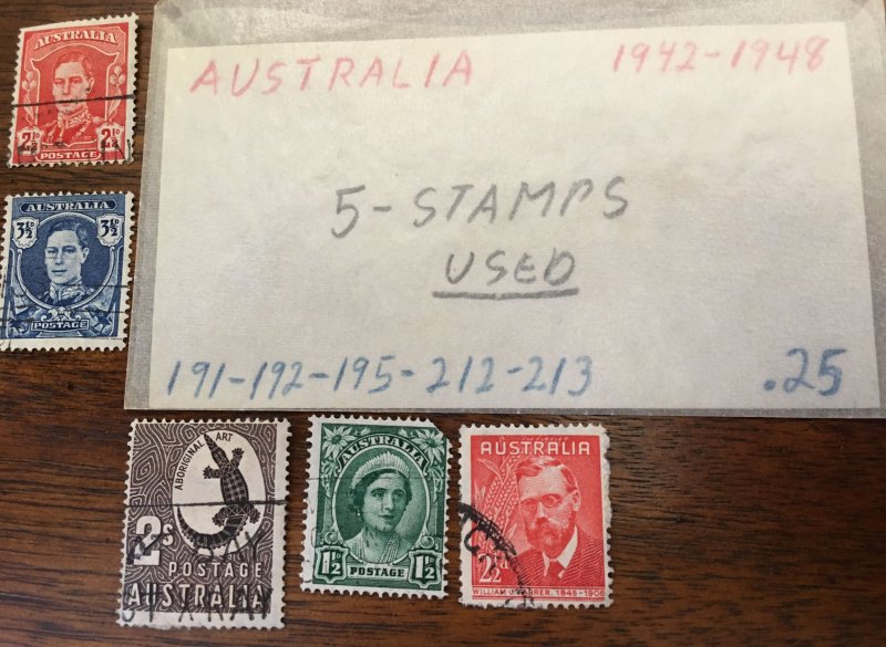 1942-1948 Australia 5 Stamps Used 191-192-195-212-213