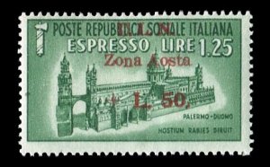 Italy, Locals #Sass. 8 Cat€110, Aosta, 1944 50L on 1.25L green, hinged