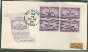 US 838 1938 3c Iowa Territory Centennial (block of 4) on an addressed (label) FDC with a Sidenius Cachet
