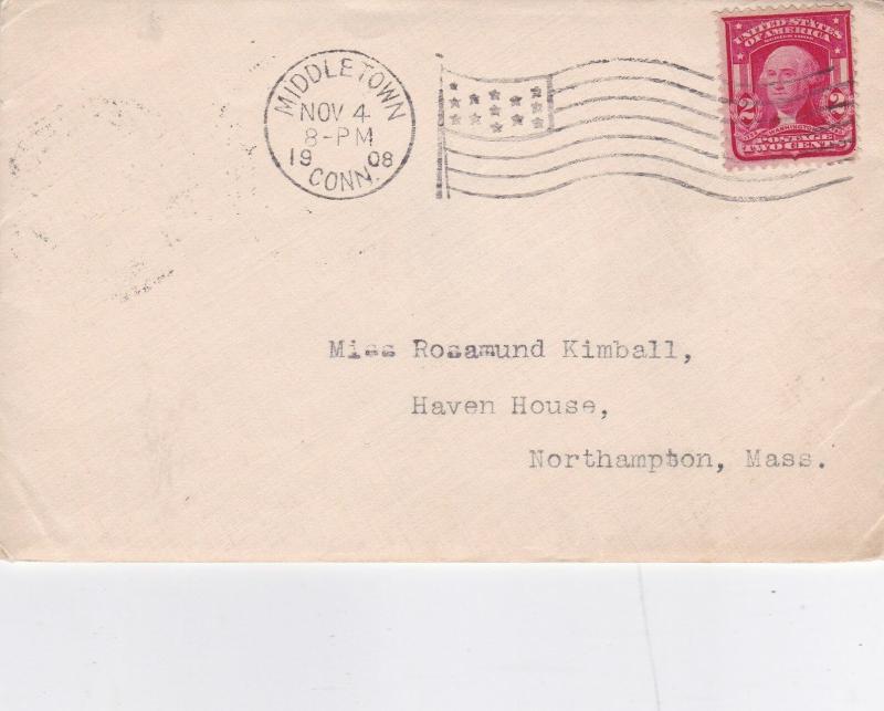 United States 1908 Middletown Conn.to Northampton Mass. cover VGC D