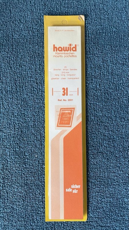 Hawid Clear Stamp Mounting strips,  Size 31 x 210mm, Unopened pkg of 25