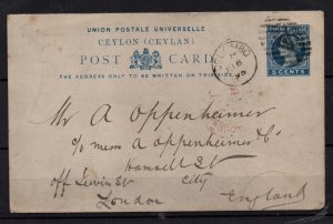 Ceylon 1896 5c Postcard to Oppenheimer London WS36849