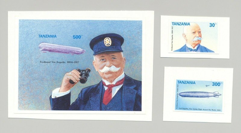 Tanzania #955, 961, 966 Zeppelins 2v & 1v s/s imperf proofs mounted