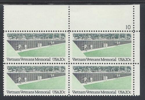 1984 Vietnam Veterans Memorial Plate Block of 4 20c Stamps, Sc# 2109, MNH, OG