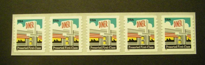 Scott 3208A, 25c Diner, PNC5 #55555, square shoulders, MNH Coil Beauty