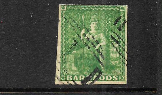 BARBADOS   1855-58 1/2d   GREEN  FU   SG 8  Sc 5    