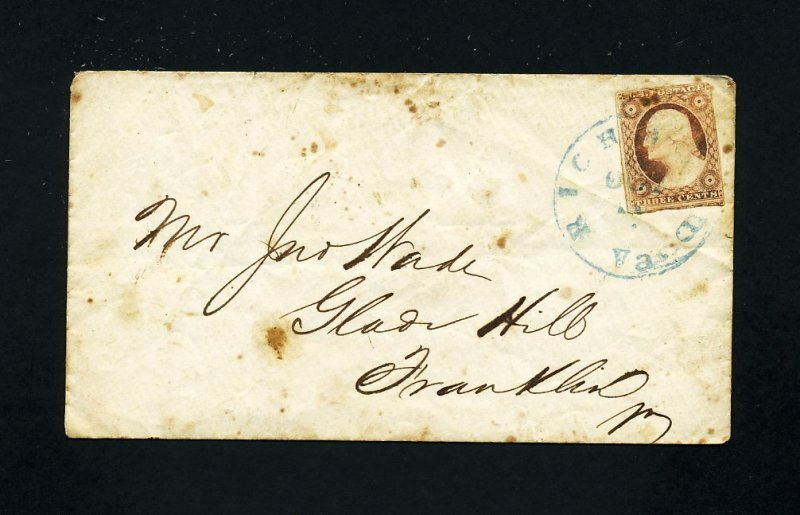 # 11A Cover from Richmond, VA, blue cancel, to Franklin, VA - 10-11-1850's