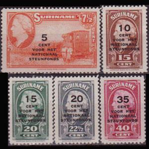 SURINAM 1945 - Scott# B41-5 Queen Surch. 7.5-60c NH no gum