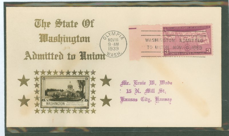 US 858 1939 50th anniv of Washington statehood on an addressed FDC with a crosby-type cachet and an Olympis, WA cancel