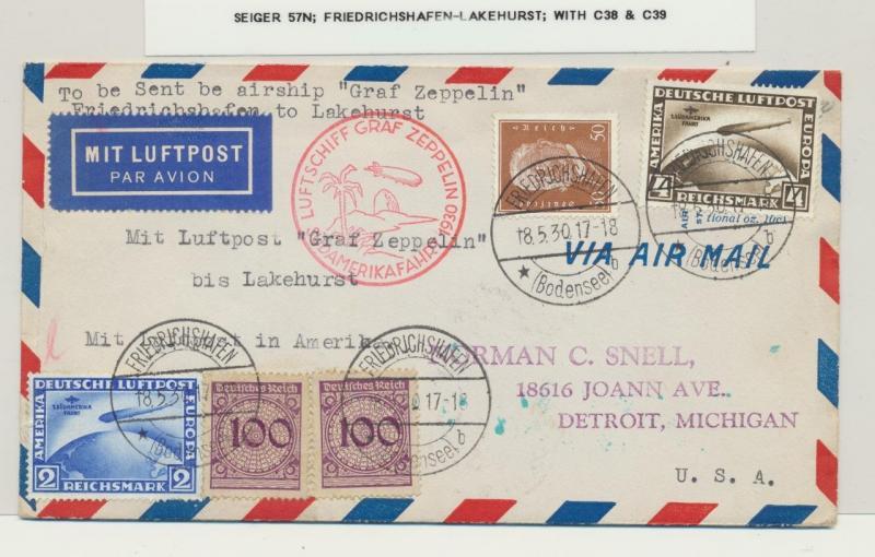 GERMANY-LAKEHURST 1930 GRAF ZEPPELIN COVER, 2+4M SUD AMERICA Si#57N (SEE BELOW)