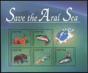 Turkmenistan 52 ae sheet,MNH.Mi Bl.6. Save of Aral Sea 1996.Felis caracal,Fish, 