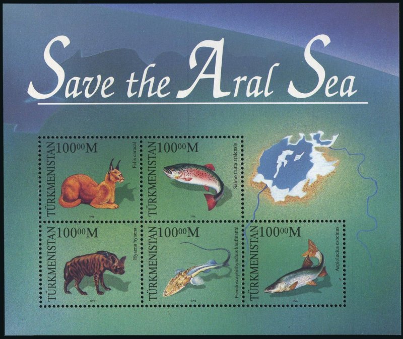 Turkmenistan 52 ae sheet,MNH.Mi Bl.6. Save of Aral Sea 1996.Felis caracal,Fish,